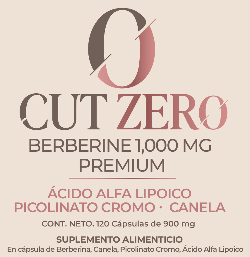 Etiqueta de Cut Zero Berberine 1,000 mg Premium con ácido alfa lipoico, picolinato de cromo y canela. Contenido neto: 120 cápsulas de 900 mg. Suplemento alimenticio en cápsula de berberina, canela, picolinato de cromo y ácido alfa lipoico.