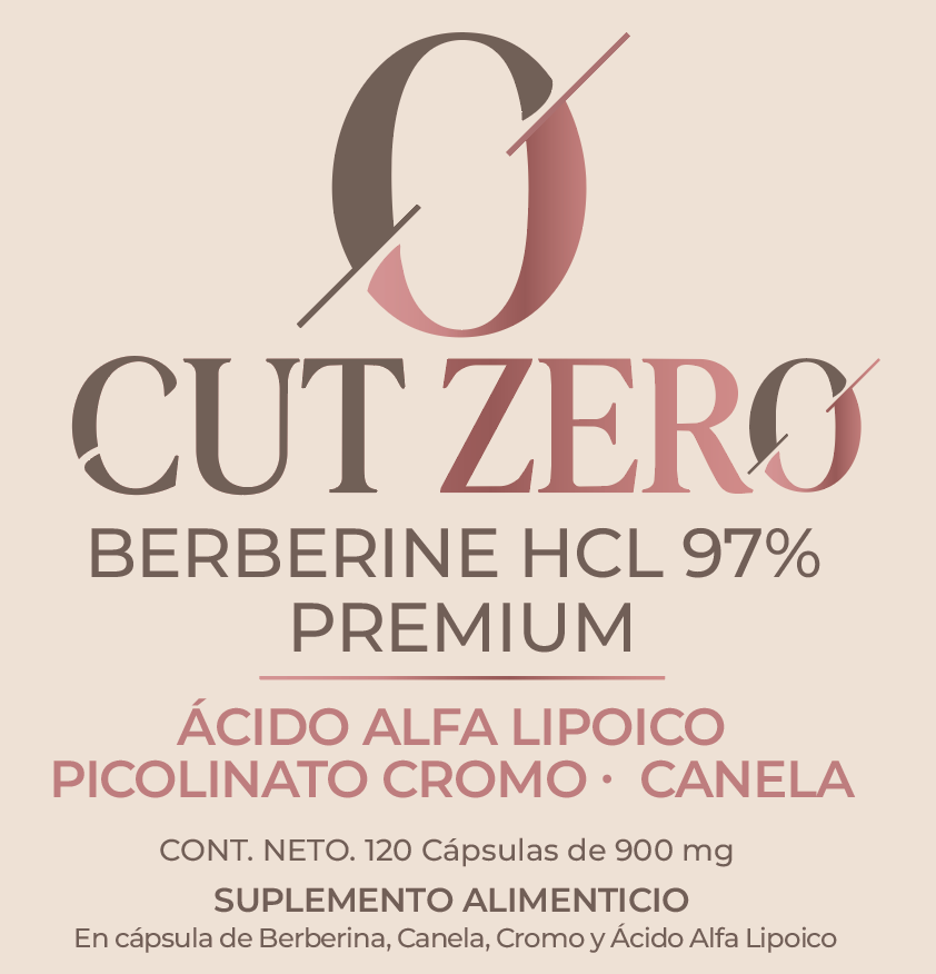 Etiqueta de Cut Zero Berberine HCL 97% Premium con ácido alfa lipoico, picolinato de cromo y canela. Contenido neto: 120 cápsulas de 900 mg. Suplemento alimenticio en cápsula de berberina, canela, cromo y ácido alfa lipoico.